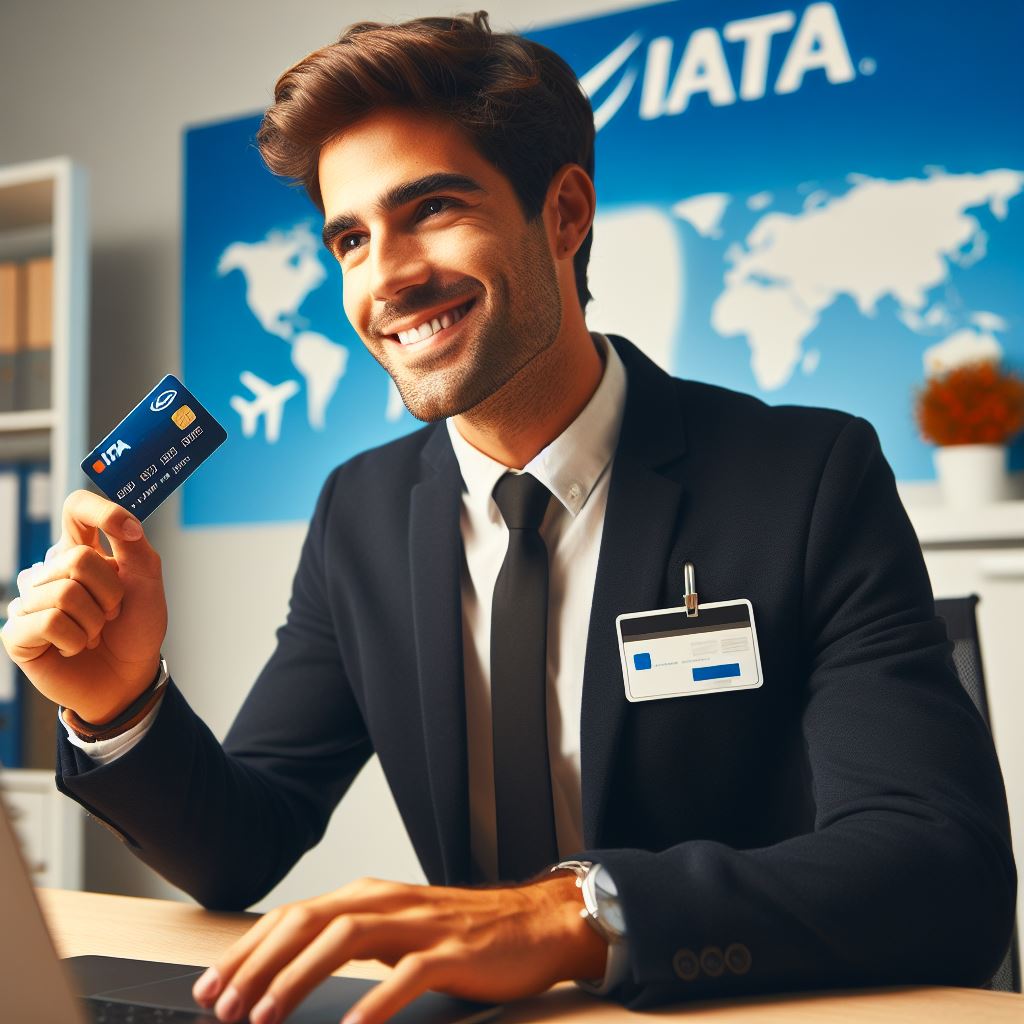 IATA agent holding a certificate card in his hand